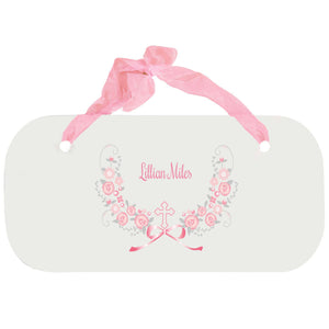 Personalized Girls Wall Plaque with Hc Pink Gray Floral Garland design