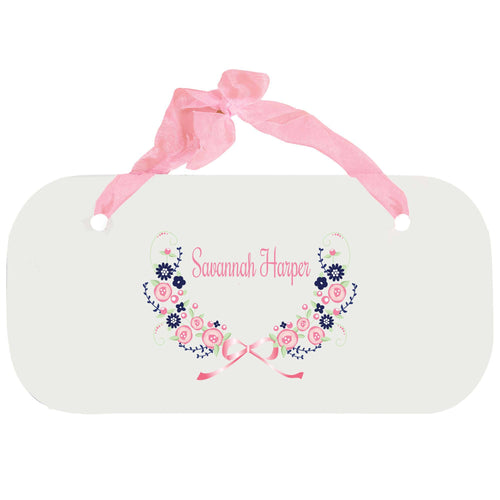 Personalized Girls Wall Plaque with Navy Pink Floral Garland design