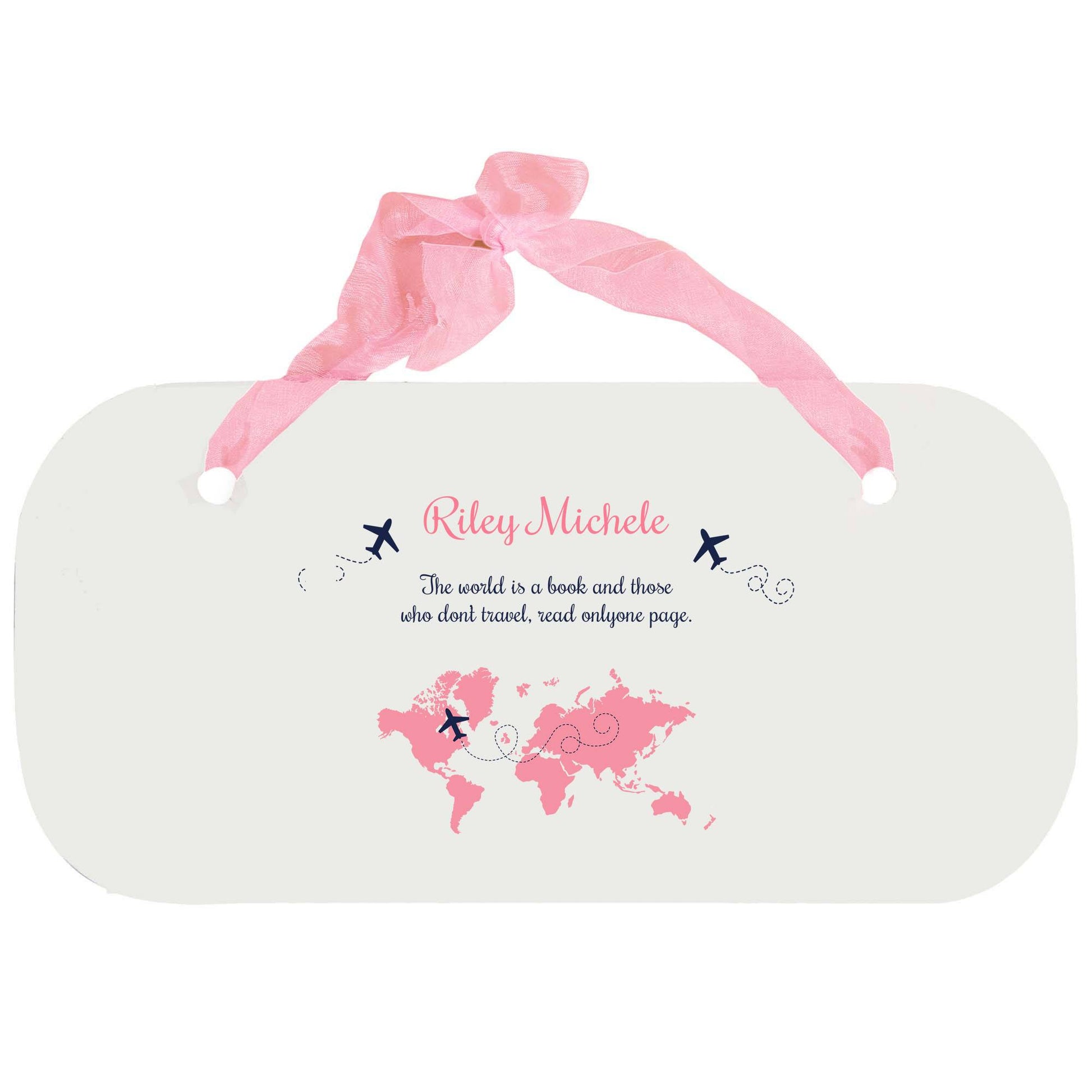 Personalized Girls Wall Plaque with World Map Pink design