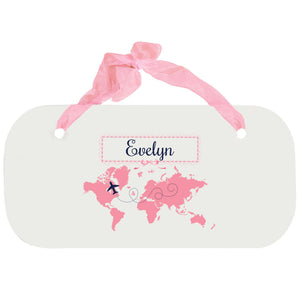 Personalized Girls Wall Plaque with World Map Pink design