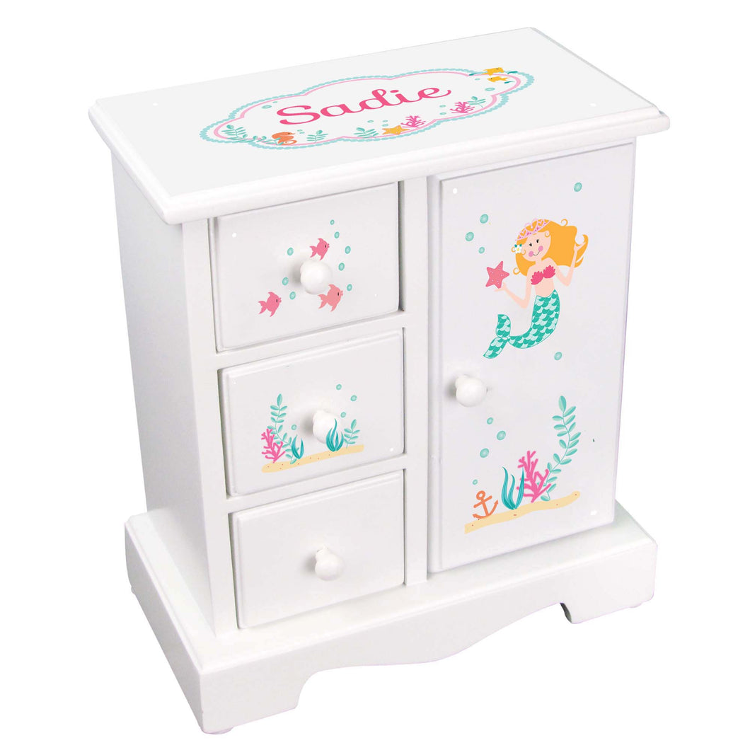 Personalized Jewelry Armoire with Blonde Mermaid Princess design