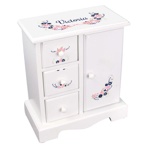 Personalized Jewelry Armoire with Navy Pink Floral Garland design