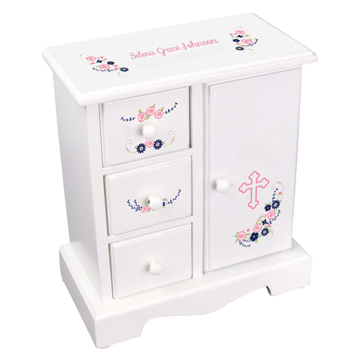 Personalized Jewelry Armoire with Holy Cross Navy Pink Floral Garland design