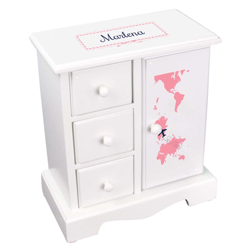 Personalized Jewelry Armoire with World Map Pink design