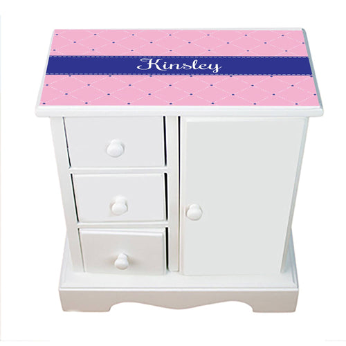 Personalized Jewelry Armoire with Quilting Pink with Navy design