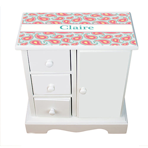 Personalized Jewelry Armoire with Paisley Aqua Coral design