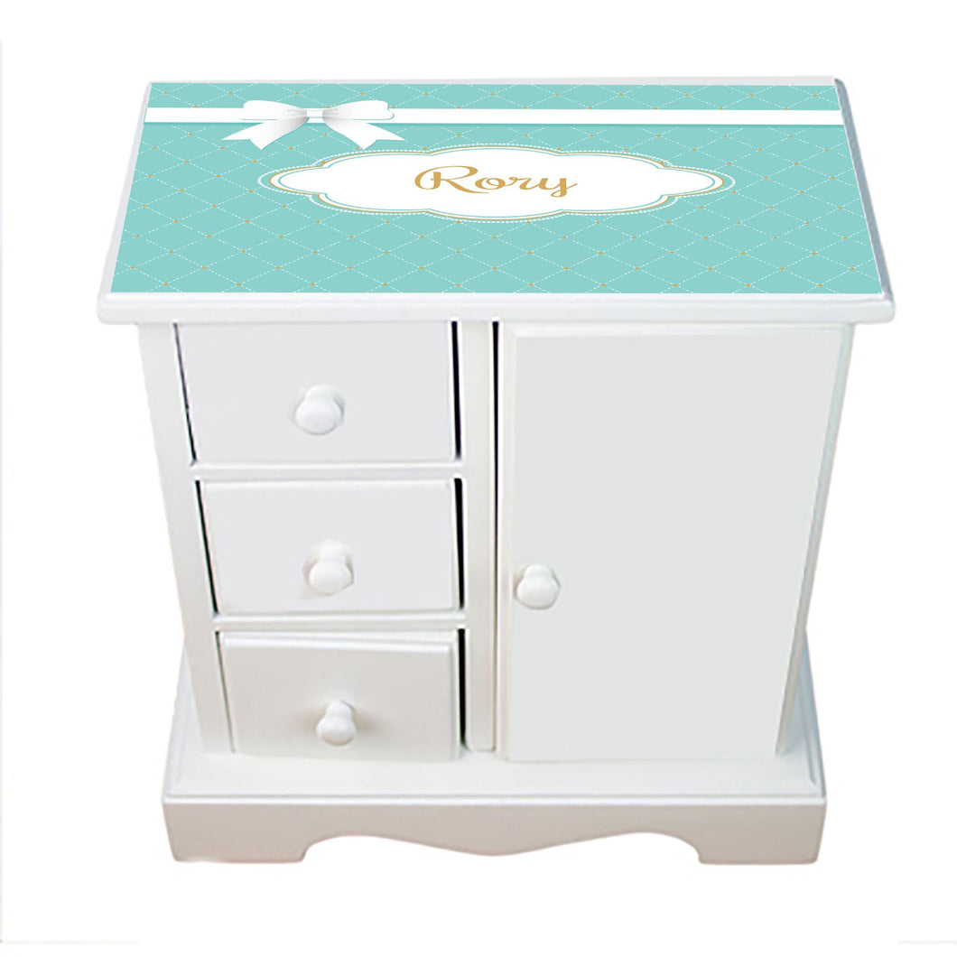 Personalized Jewelry Armoire with Blue Bow design