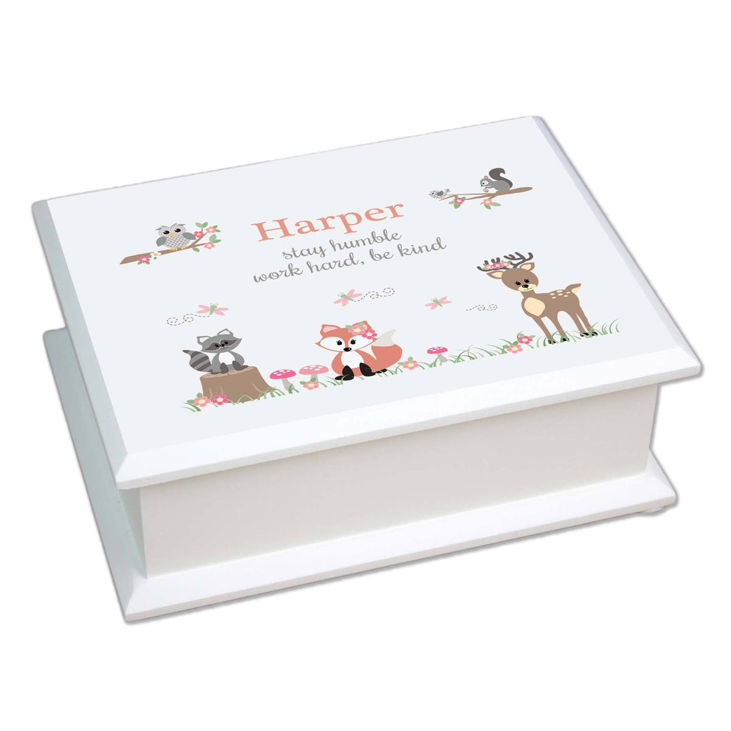 Personalized Lift Top Jewelry Box with Gray Woodland Critters design
