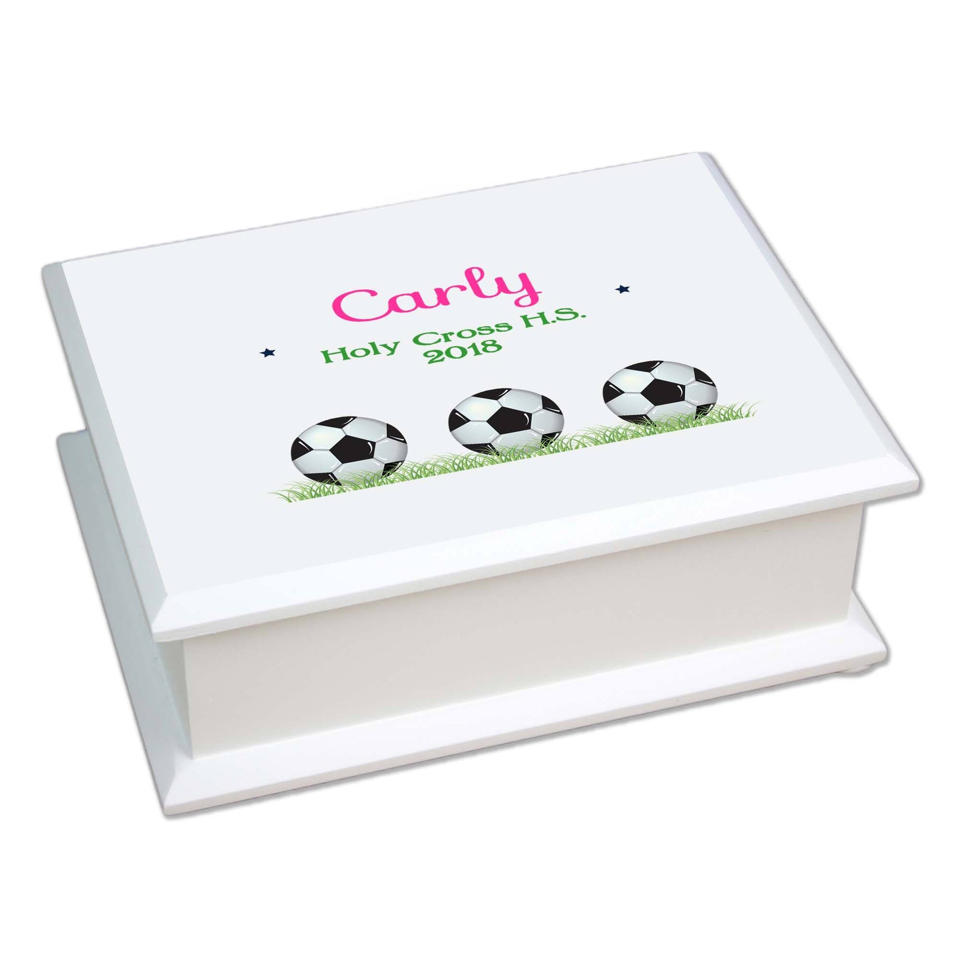 Personalized Lift Top Jewelry Box with Soccer Balls design