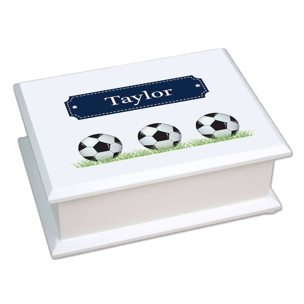 Personalized Lift Top Jewelry Box with Soccer Balls design