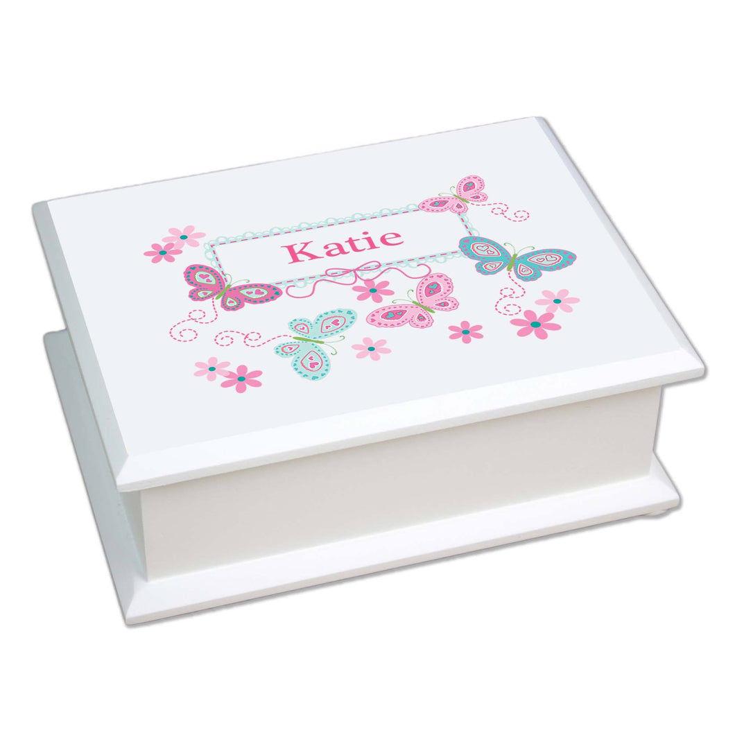 Personalized Lift Top Jewelry Box with Butterflies Aqua Pink design