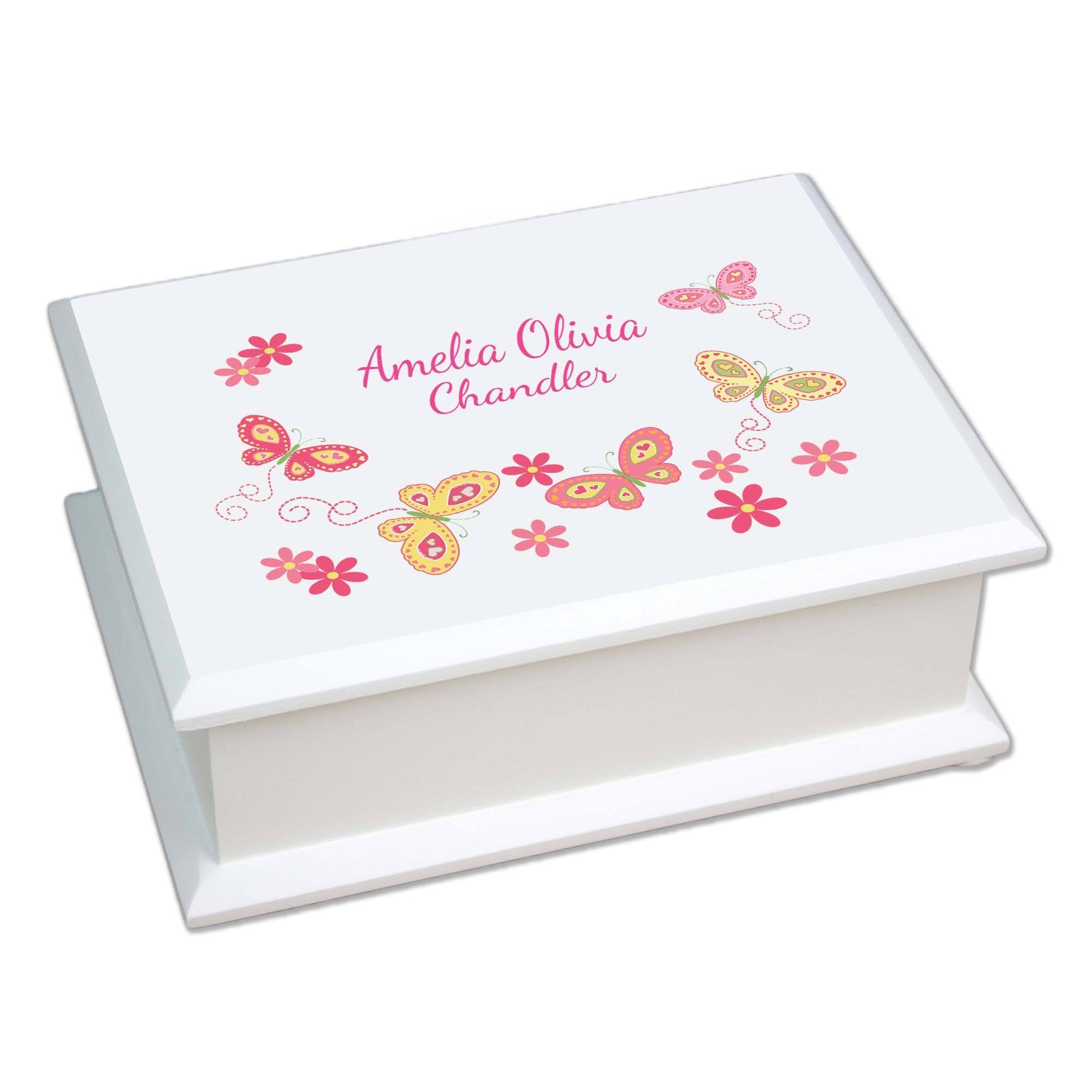 Personalized Lift Top Jewelry Box with Butterflies Yellow Pink design