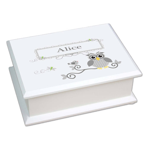 Personalized Lift Top Jewelry Box with Gray Owl design