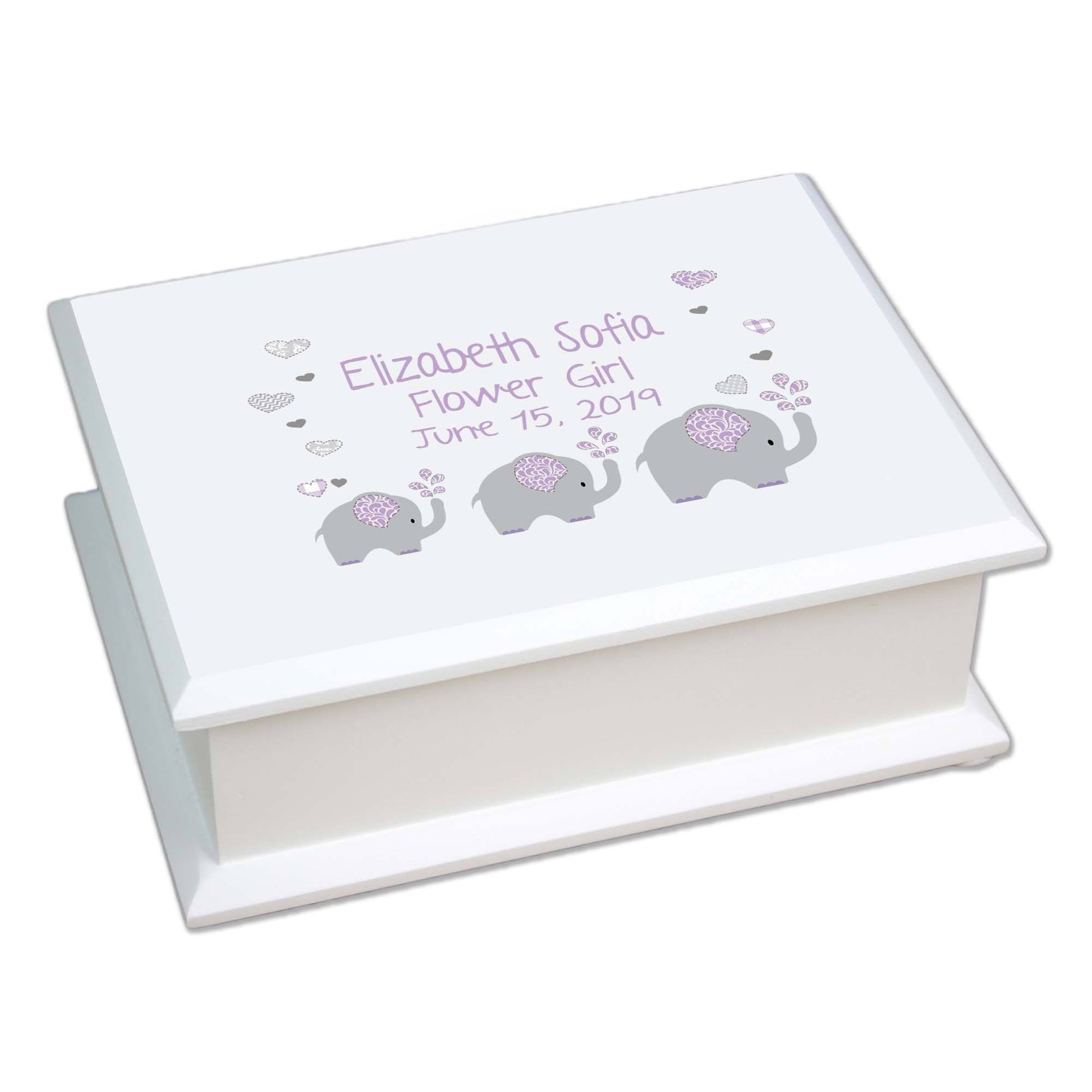 Personalized Lift Top Jewelry Box with Lavender Elephant design