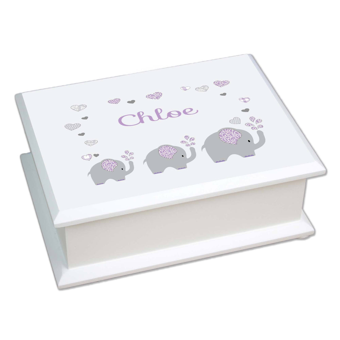 Personalized Lift Top Jewelry Box with Lavender Elephant design