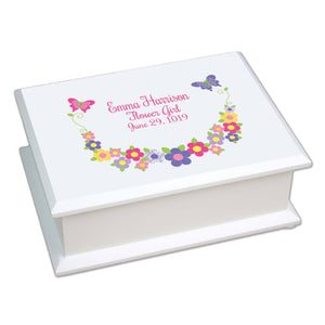 Personalized Lift Top Jewelry Box with Bright Butterflies Garland design