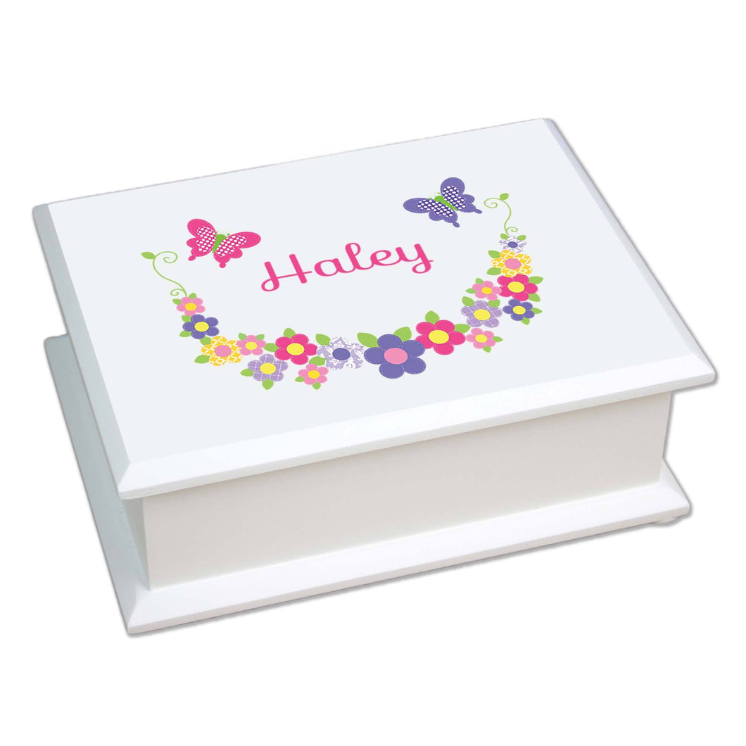 Personalized Lift Top Jewelry Box with Bright Butterflies Garland design