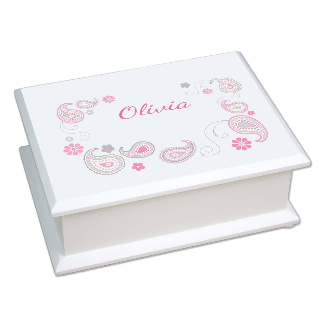 Personalized Lift Top Jewelry Box with Paisley Pink Gray design