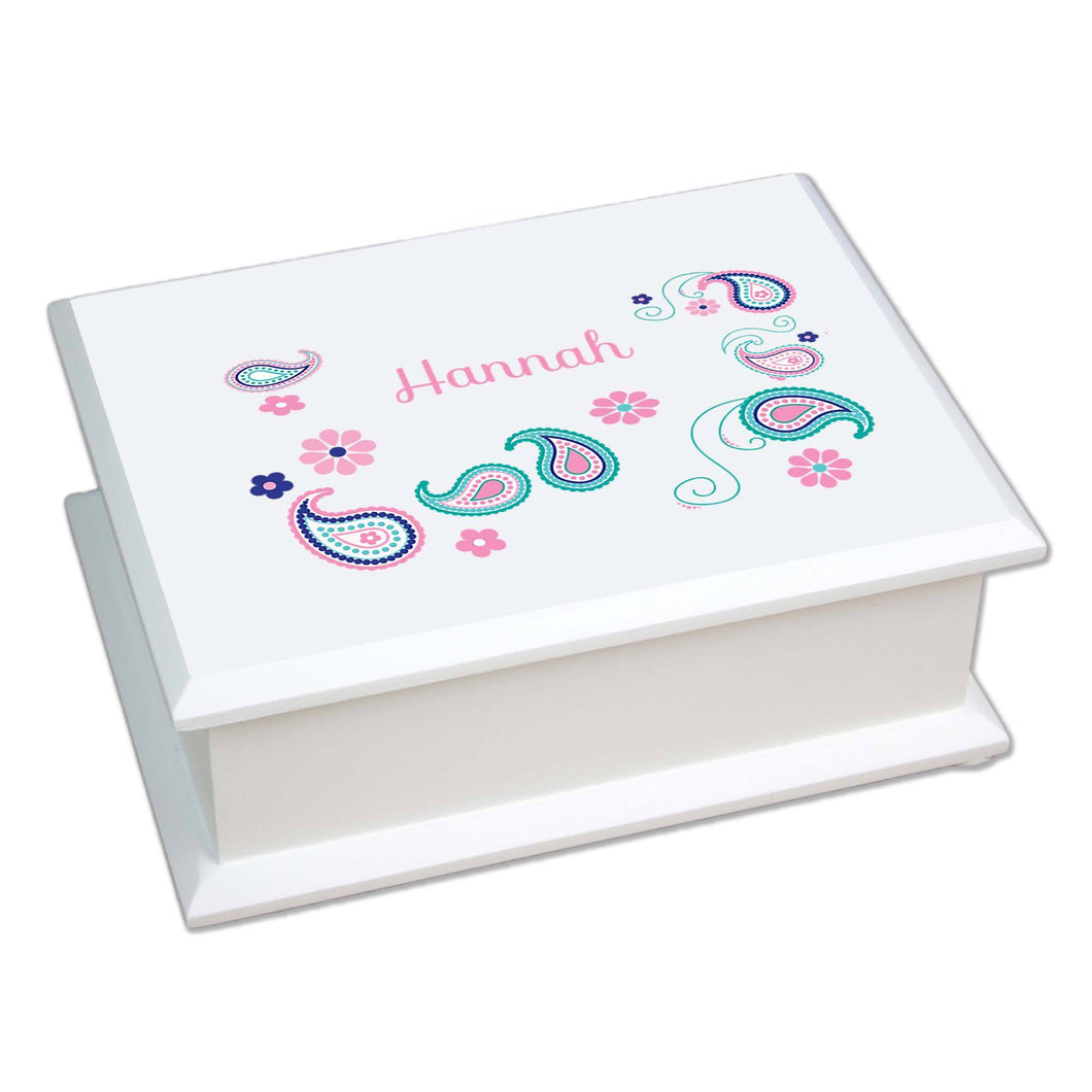 Personalized Lift Top Jewelry Box with Paisley Teal and Pink design