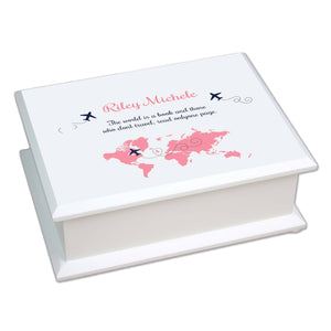 Personalized Lift Top Jewelry Box with World Map Pink design