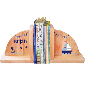 Personalized Sailboat Natural Childrens Wooden Bookends