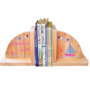 Personalized Sailboat Girl Natural Childrens Wooden Bookends