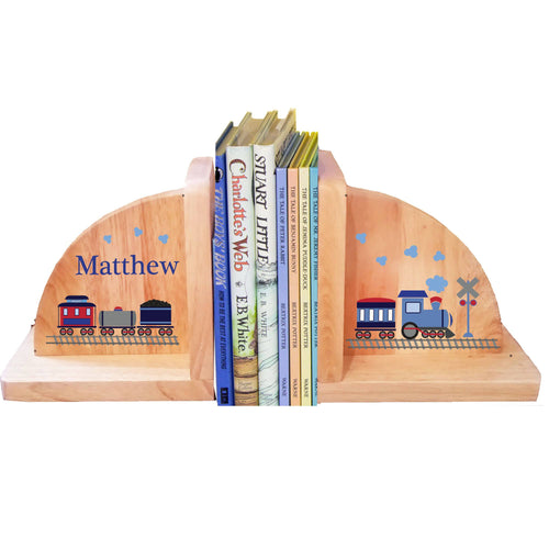 Personalized Train Natural Childrens Wooden Bookends