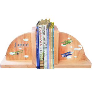 Personalized Bi Planes Natural Childrens Wooden Bookends