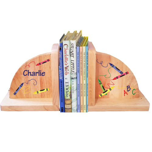 Personalized Crayon Scribble Natural Childrens Wooden Bookends