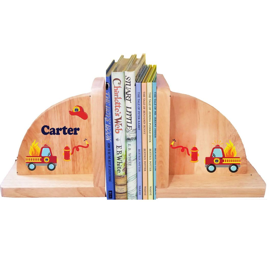 Personalized Fire Truck Natural Childrens Wooden Bookends