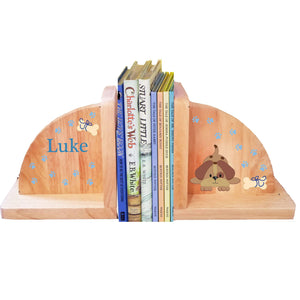 Personalized Puppy Blue Natural Childrens Wooden Bookends