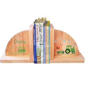 Personalized Natural Wooden Bookends with Green Tractor design