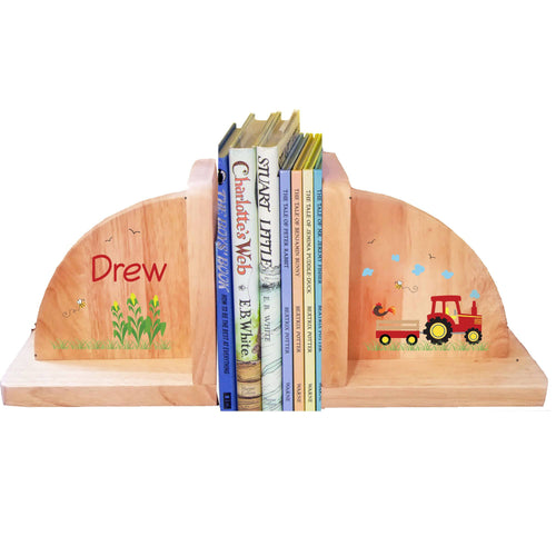 Personalized Red Tractor Natural Childrens Wooden Bookends