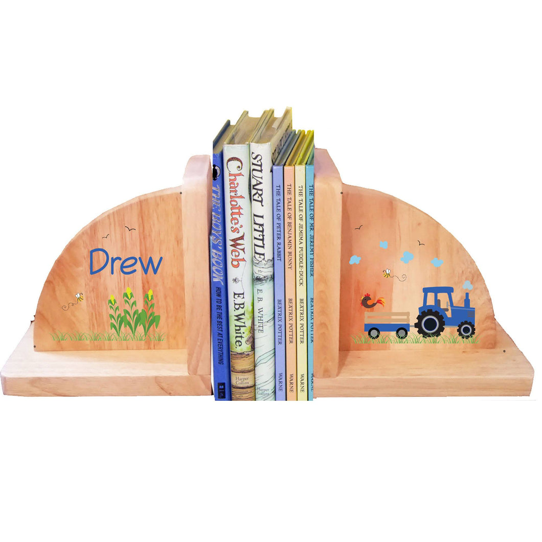 Personalized Blue Tractor Natural Childrens Wooden Bookends