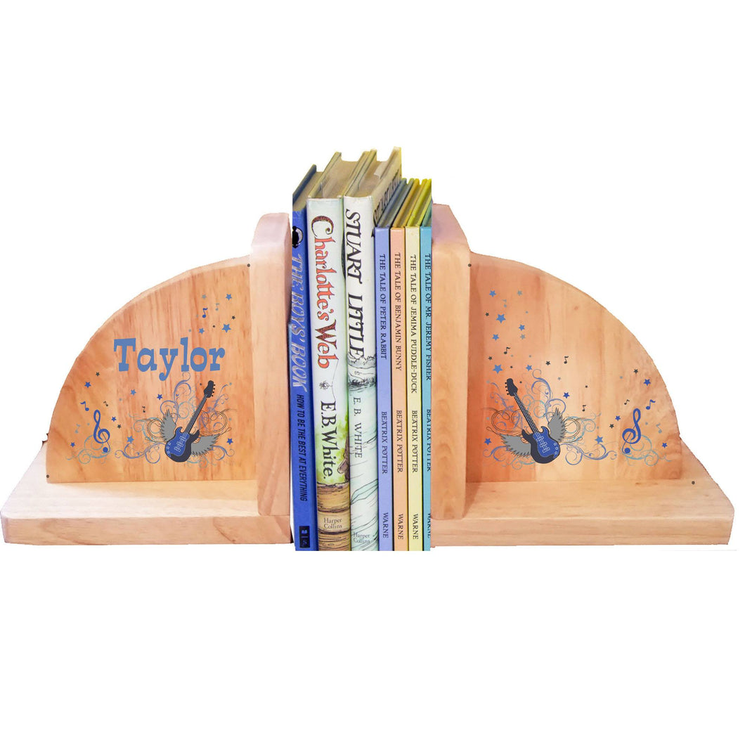 Personalized Rock Star Blue Natural Childrens Wooden Bookends