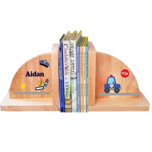 Personalized Police Car Natural Childrens Wooden Bookends