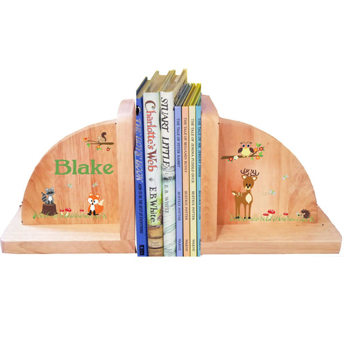 Personalized Natural Wooden Bookends with Green Forest Animal design