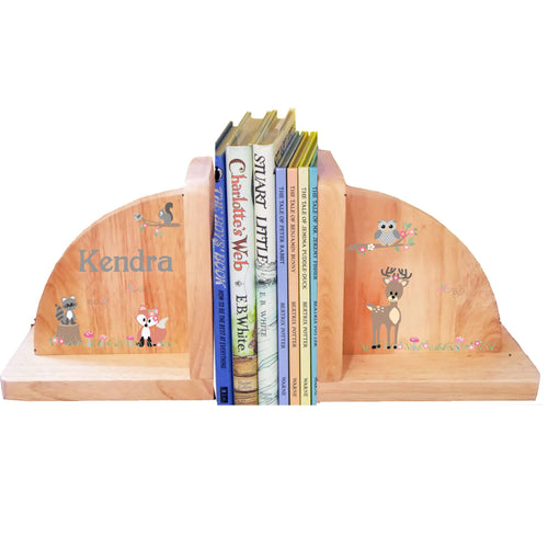 Personalized Natural Wooden Bookends with Gray Woodland Critters design