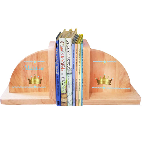 Personalized Blue Crown Natural Childrens Wooden Bookends