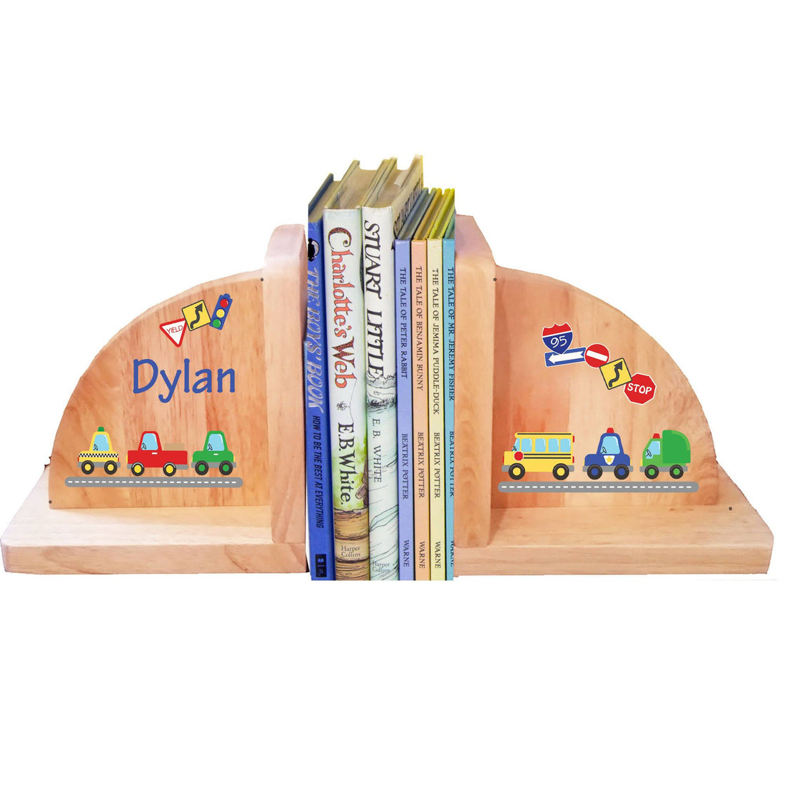 Personalized Cars And Trucks Natural Childrens Wooden Bookends
