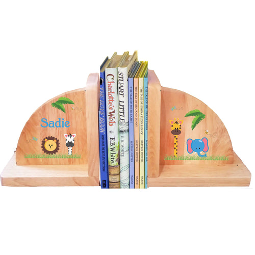 Personalized Jungle Animal Blue Natural Childrens Wooden Bookends