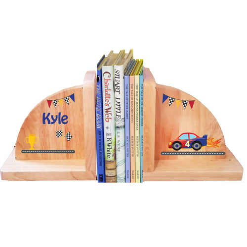 Personalized Race Car Natural Childrens Wooden Bookends