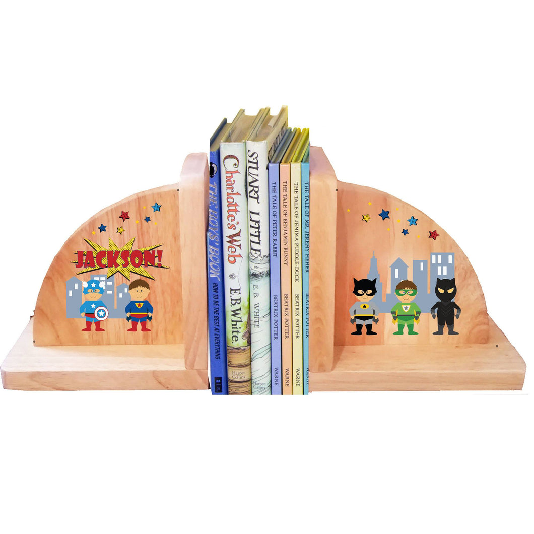 Personalized Superhero Natural Wooden Bookends