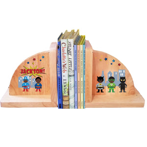 Personalized Superhero African American Natural Childrens Wooden Bookends