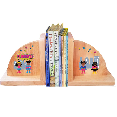 Personalized Super Girls African American Natural Childrens Wooden Bookends