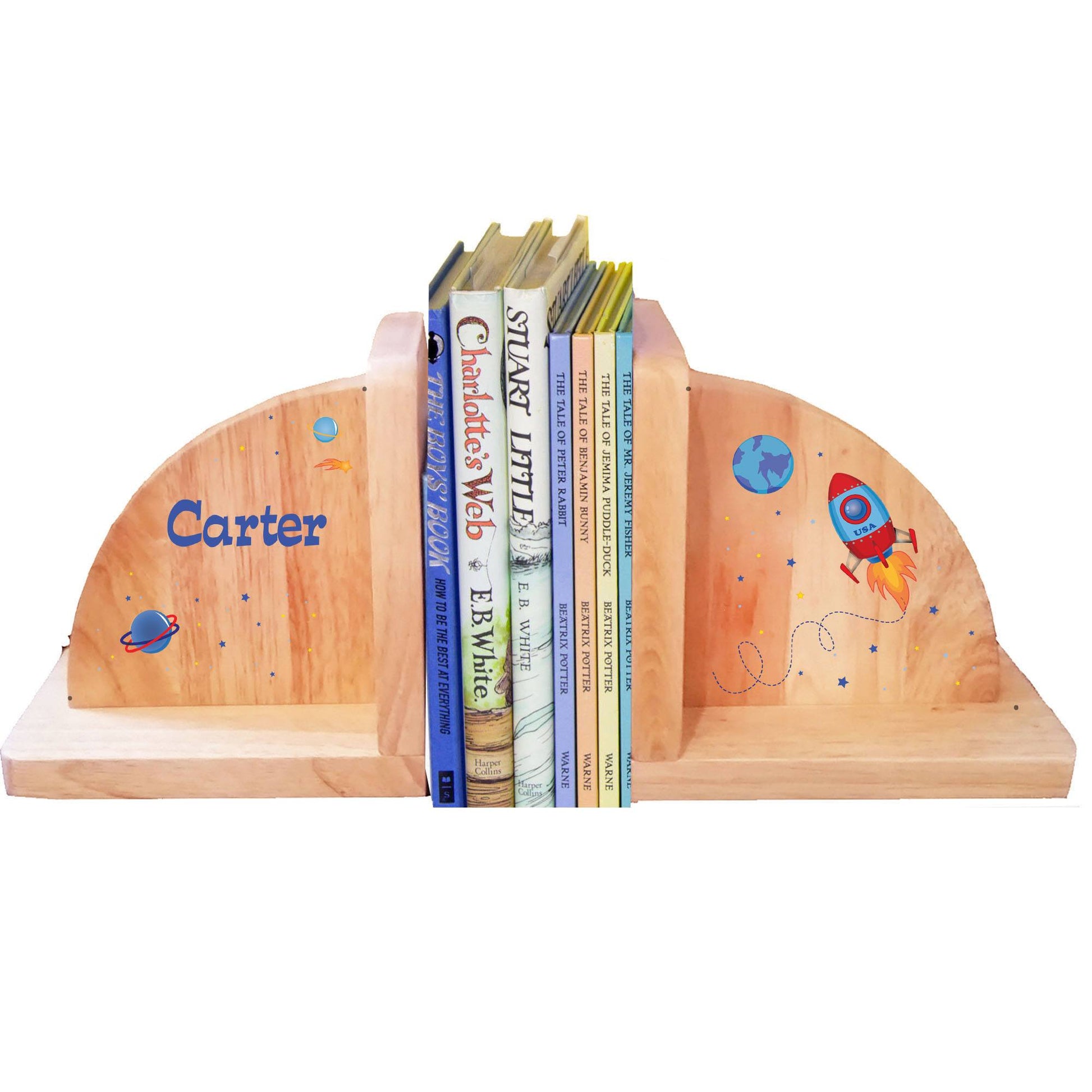 Personalized Rocket Natural Childrens Wooden Bookends