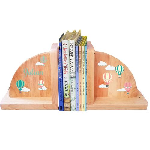 Personalized Hot Air Balloon Pastel Natural Childrens Wooden Bookends