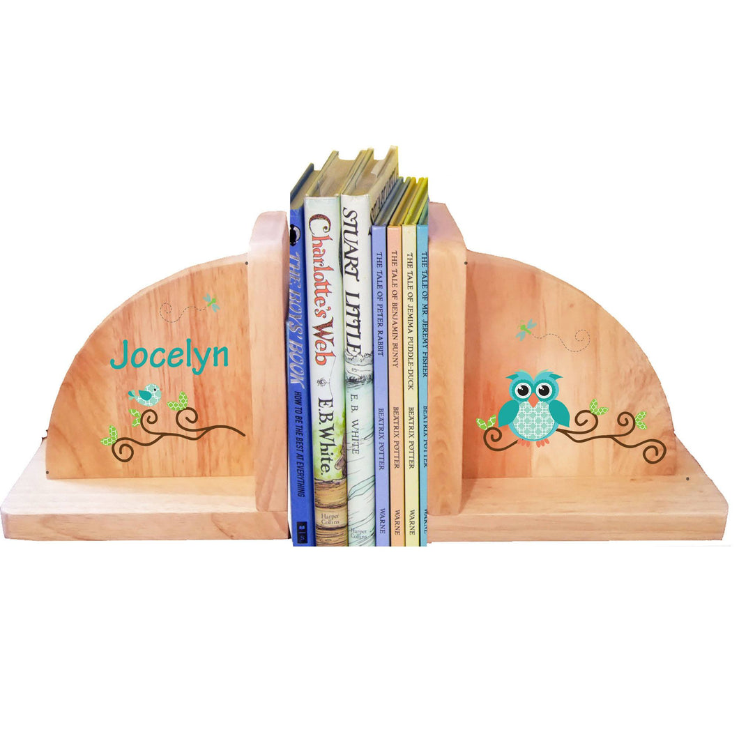 Personalized Gingham Owl Natural Childrens Wooden Bookends