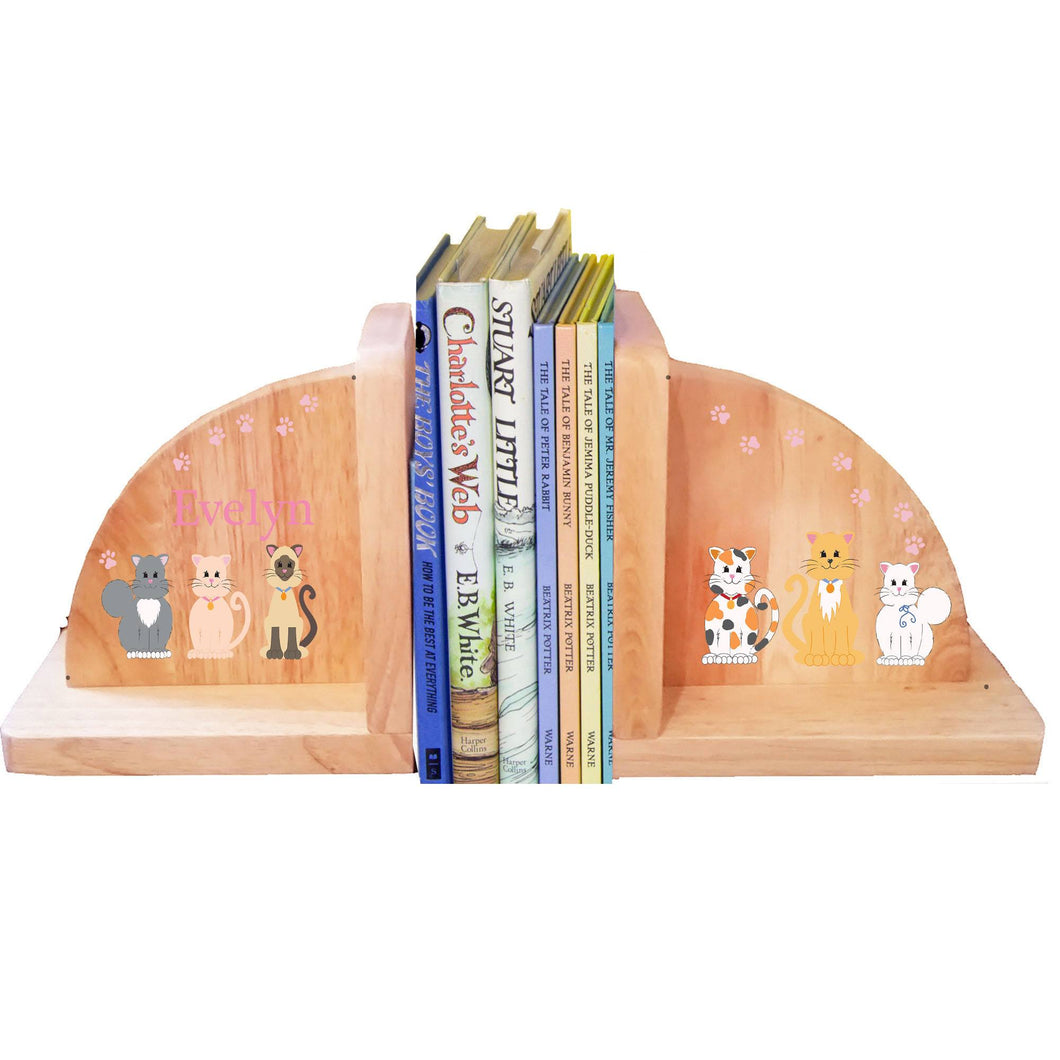 Personalized All Cats Pink Natural Childrens Wooden Bookends
