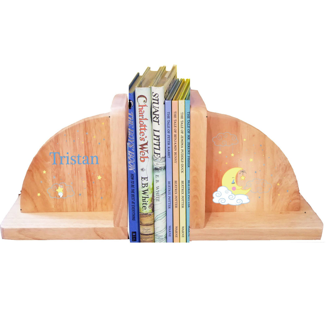 Personalized Moon And Stars Natural Childrens Wooden Bookends